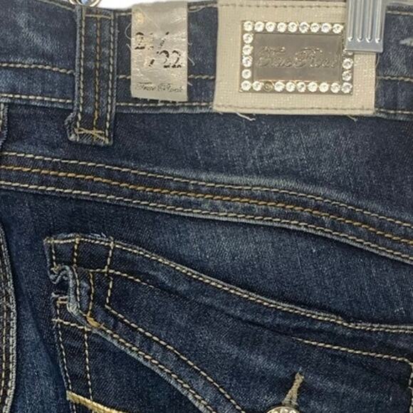True Rock White Stitch Jeans 21/22 Blue Bling Flap Pockets Distressed Straight - Picture 12 of 13
